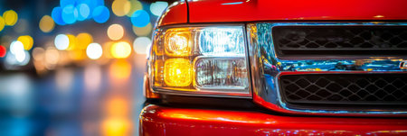 Rugged Truck Grille Close Up With Vibrant Bokeh Lights Reflection, Showroom Aesthetics.の素材