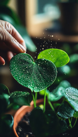 Gentle Plant Care Person Misting Lush Green Leaves of Heart-shaped Indoor Plant, Close-upの素材