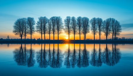 Serene Sunset over Tranquil Lake, Silhouetted Trees Reflected in Calm Water. Perfect Symmetryの素材