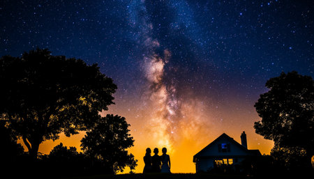 Romantic Silhouette, Milky Way, and Starry Night A Memorable Evening for a Couple by Their Homeの素材