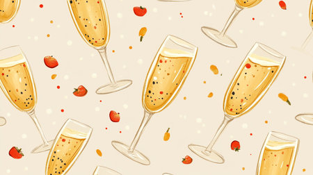 Seamless Pattern, Champagne Glasses, Tomatoes, Festive Celebration, Party, Light Gray Backgroundの素材