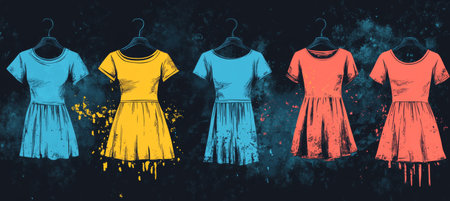 Fashion Dresses on Hanging Racks, Summer Clothing Illustration With Vibrant Designs, Illustrationの素材