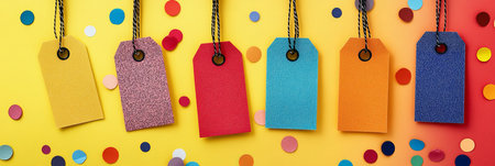 Colorful Gift Tags on Yellow Background, Sales and Promotions, Retail and Shopping Themeの素材