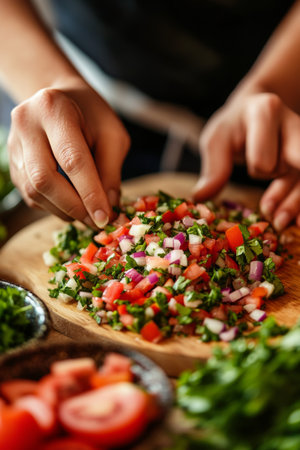 Making Fresh Salsa Hands Combine Diced Tomatoes, Onions, and Cilantro on Rustic Cutting Boardの素材