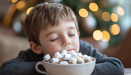 Little Boy Enjoying Hot Chocolate with Marshmallows in Front of Christmas Tree Lightsの素材