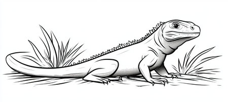 Vector style coloring page featuring a contour outline of a single iguana on white backgroundの素材