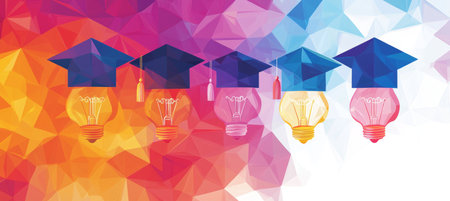 Graduation Caps and Light Bulbs on Colorful Geometric Background, Education and Ideas Conceptの素材
