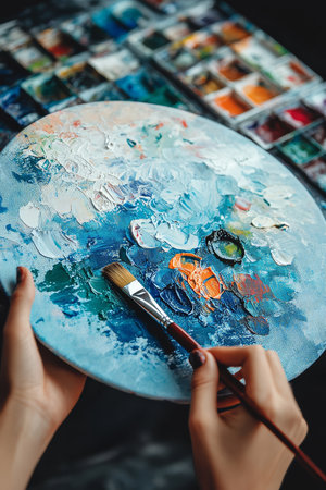 Close-Up, Artist s Hands Holding Palette, Mixing Vivid Colors, Creative Artistic Processの素材