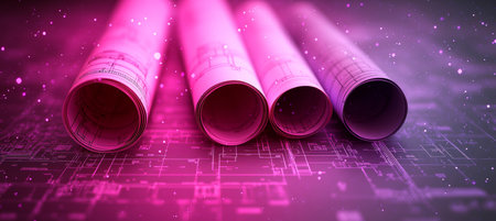 Abstract Construction Plans in Vibrant Pink and Purple, Highlighting Project Planning and Designの素材