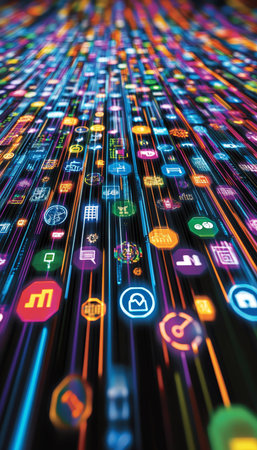 Digital Data Stream Colorful Icons Flowing on Lines Representing Technology and Innovation.の素材