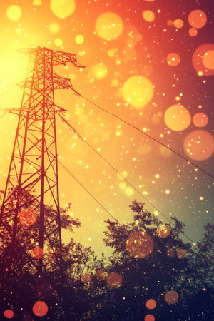 Power Lines Against Radiant Orange and Yellow Sky With Lens Flare Effect, Renewable Energy Conceptの素材