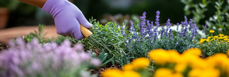 Lavender Harvest Close-Up of Gardener Tending Aromatic Herbs in Blooming Summer Gardenの素材