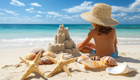 Little Architect. Child s Imagination Runs Wild. Building Majestic Sandcastle on Tropical Beachの素材