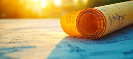 Rolled Construction Plans in Warm Sunlight, Blueprints Indicate New Housing Developmentの素材