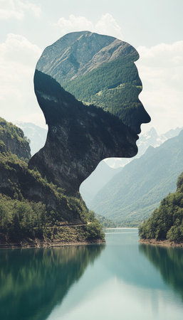 Tranquility Within Double Exposure Portrait Of Man Merging With Serene Mountain Lake Landscapeの素材