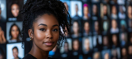 Confident Young Professional Woman Stands Against Backdrop of Diverse Faces on Screenの素材