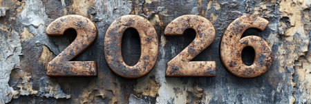 Old, Rusty 2026 Metallic Numbers On an Aged Metal Wall, Symbolizing the Passing of Time.の素材