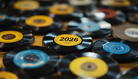 Colorful Vinyl Records With Year 2026 Label, Retro Music Background, Abstract Music Conceptの素材
