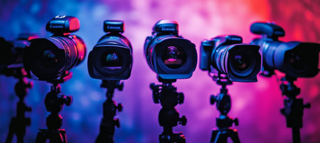 Vibrant media and broadcasting visuals  dynamic cameras and microphones against a playful backdropの素材