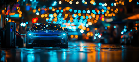 Electric Sports Car Parked on Wet City Street with Holiday String Lights Reflection, Nightの素材