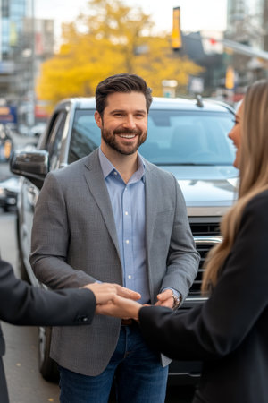 Candid photorealistic image of salesperson interacting with customers by rugged truck in dealershipの素材