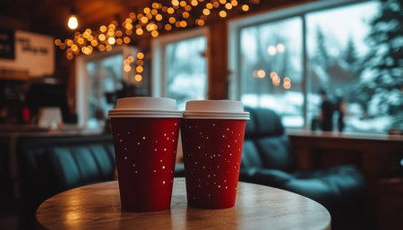 Cozy Coffee Break Festive Red Cups on a Table with Sparkling Lights and Winter Window Viewsの素材
