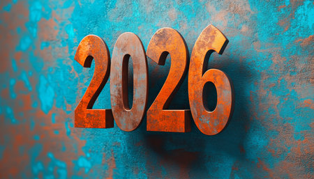 Metallic 2026 A 3D Rendered Design Against a Textured Wall, Perfect for New Year Concepts.の素材