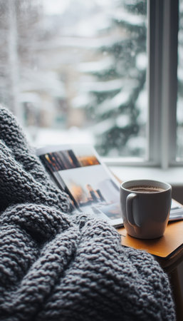 Cozy Winter Day with Hot Beverage Knit Blanket Photo Album Open By The Windows Snowy Viewの素材