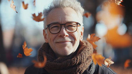 Smiling Handsome Senior Enjoys Autumn, Golden Leaves Falling Gently, Tranquil Park stroll.の素材