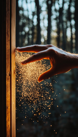 Sunlight s Enchanting Embrace A Dreamy Forest Setting with Golden Bokeh and Glowing Dust Particlesの素材