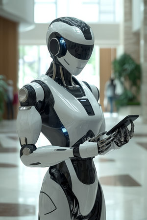 Sleek Humanoid Robot Using Mobile Phone in a Modern, Bright Office Future Technologyの素材