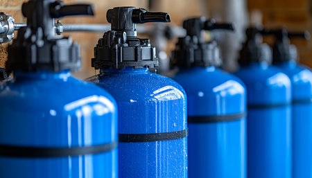 Industrial Water Treatment Rows of Blue Water Filters Ensuring Clean Water, Focus on Purity.の素材