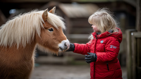 Little Girl in Red Winter Coat Gently Strokes the Soft Muzzle of Her Brown Horse Outside Barnの素材