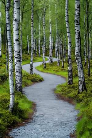 Winding Gravel Path Through Lush Green Birch Forest, Serene Walkway in Nature s Embraceの素材