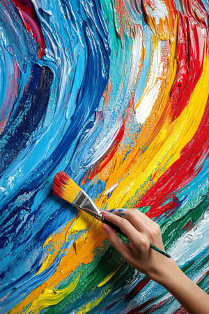 An artist capturing nature  vibrant landscape painting outdoors with palette and brushes in handの素材