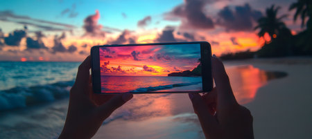 Capturing Paradise Silhouette Hands Holding Phone Displaying Vibrant Ocean Sunset on Tropical Beachの素材