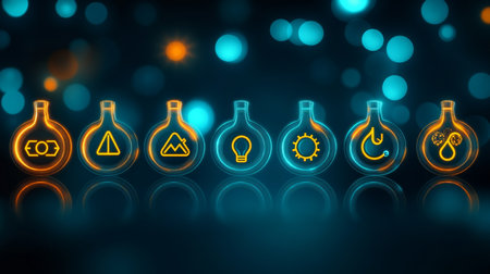 Renewable Energy and Utilities Background, Dynamic Icon Arrangement in Vibrant Blurry Hues.の素材