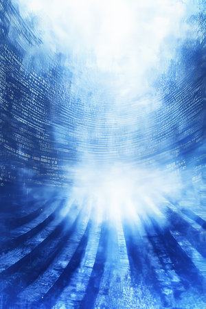 Abstract Digital Tunnel Journey Through Binary Code, Data Flow, Light Blue, White Gradientの素材