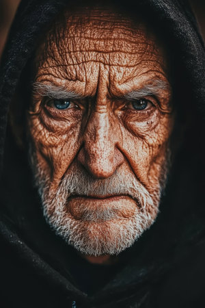 Close Up Portrait, Wrinkled Face Of Senior Man, Deep Emotion, Soft Blurred Background, Area For Textの素材