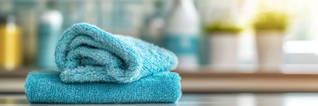 Folded Blue Towels Soft, fluffy blue towels stacked neatly against a blurred bathroom backgroundの素材