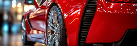Close-up of a red sports car s exterior design, parked with an emphasis on the wheel and bodyworkの素材