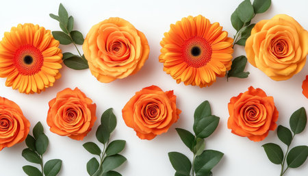 Orange Gerbera and Rose Flowers Arranged on a White Background with Green Leaves. Copy Space.の素材