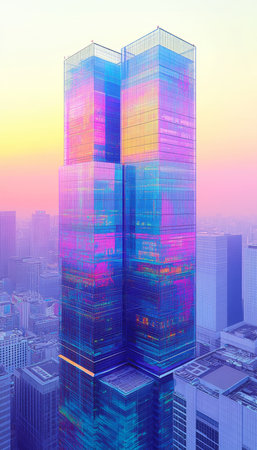 Vibrant, Iridescent Architectural Skyscrapers Soaring High Above a Bustling Downtown Cityscapeの素材