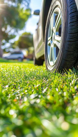 Green Park, Blue Skies, and a Clean Car A Summer Day Drive for Text and Advertising Spaceの素材
