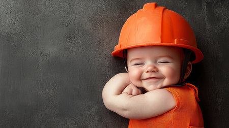 Joyful Baby in Orange Construction Helmet, Isolated on Gray Portrait of a Happy Childの素材