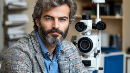 Mature Man Undergoing Eye Exam with Modern Equipment, Cataract Awareness and Ophthalmology Conceptの素材