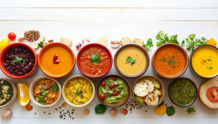 Variety of Colorful Soups and Salads, Healthy Vegetarian Food Concept, on White Wooden Backgroundの素材