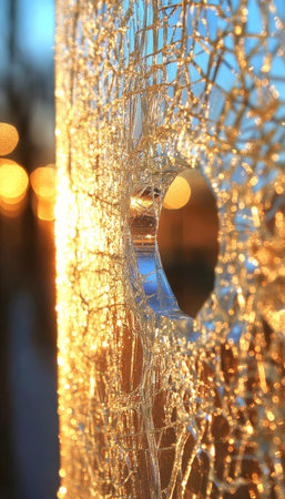 Frigid Fragments A Close-Up of Golden Hour Illumination Through Cracked Ice with Winter Bokehの素材