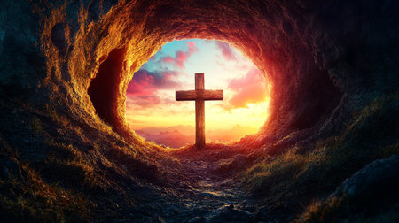 Wooden Cross Silhouette Inside Tomb Cave at Sunset, Symbol of Hope, Resurrection, and Easterの素材