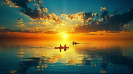 Golden Sunset Kayaking Three Silhouettes Glide on Tranquil Lake with Vibrant Sky Reflections.の素材